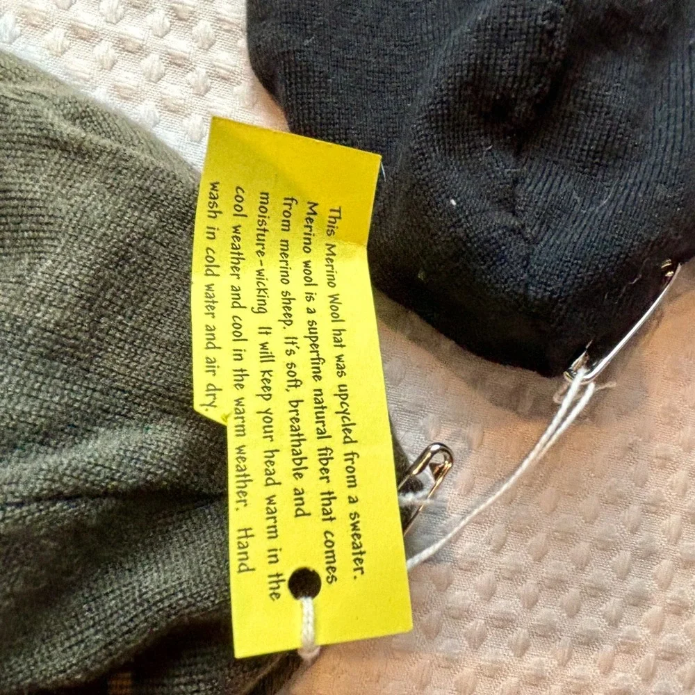 Upcycled Merino Wool Beanie Hats 2 Pack Black & Olive Green Ribbed‎ Knit | Med.